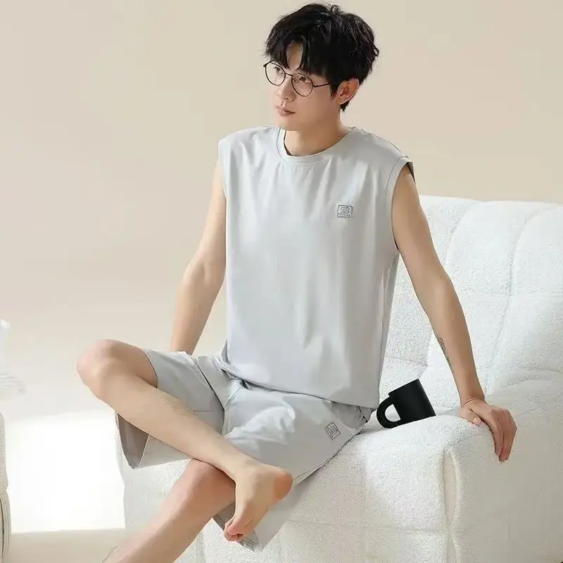 2025 신상 남성 모달 나이트웨어 여름 얇고 부드러운 홈웨어 청년 남성 민소매 수면 상의 & 하의 파자마 세트 남성 잠옷