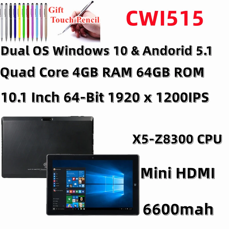 64-Bit 10.1 Inch CWI515 Dual OS Windows 10 & Andorid 5.1 Tablet PC 1920x1200IPS Screen Quad Core 4+64GB x5-Z8300 HDMI-compatible note taking tablet with pen