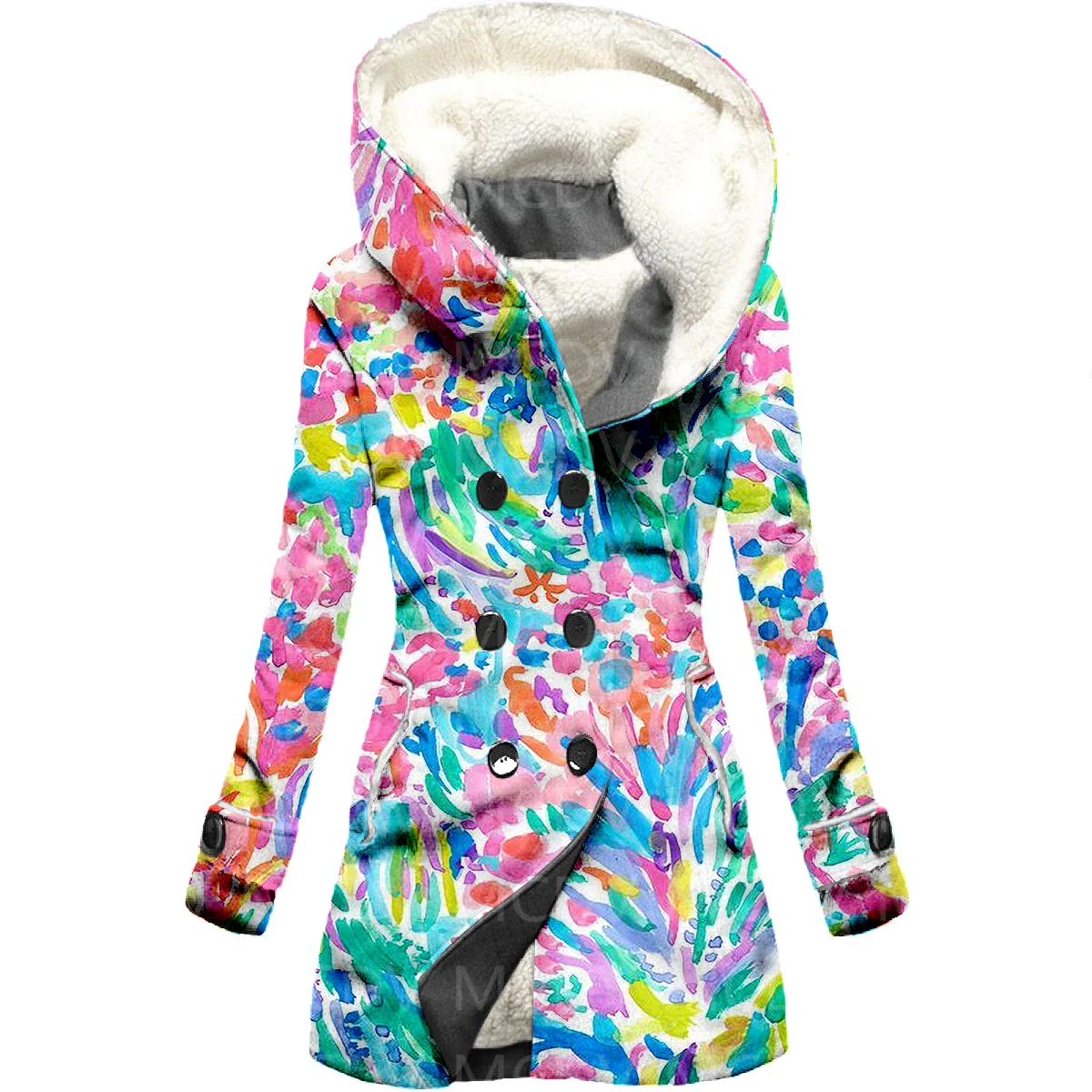 Colorful Graffiti 3D Printing Fleece Hooded Cloak Women Thick Warm Coat Women's Winter Warm Overcoat