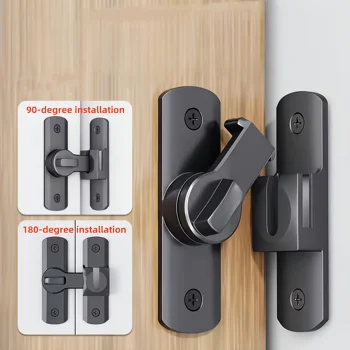 Anti-Theft Door Lock - 90°/180° Adjustable Sliding Pin, Keyless Entry Heavy-Duty Black Easy Install for Home Office Hotel Garage 1