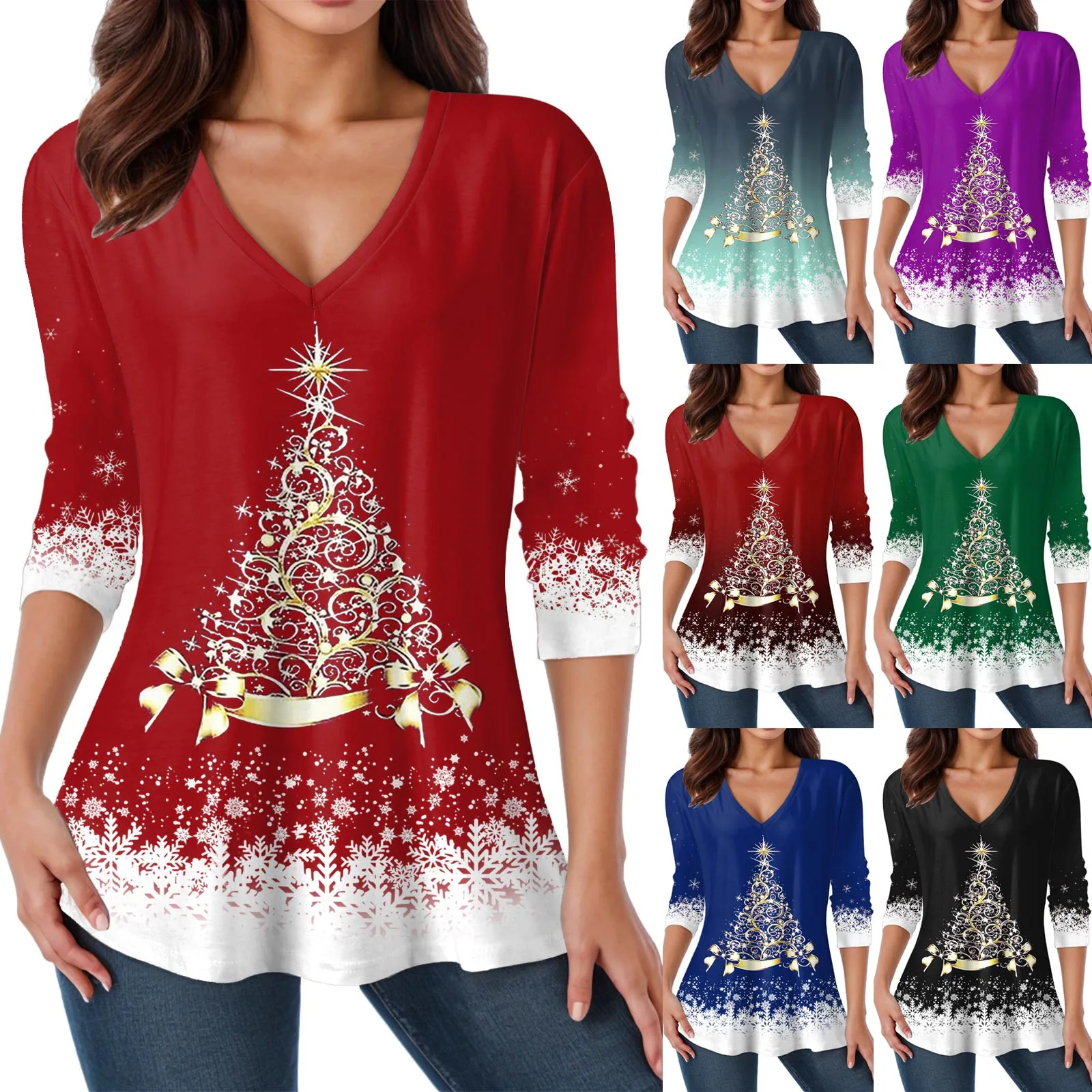 

Long Sleeve Spandex Shirt Women Xmas Three Daily Christmas Print V Neck Tops Long Sleeve Tee Shirt Printed Fall Tops for Women