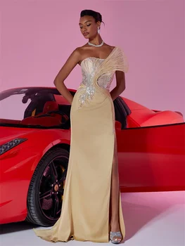 فساتين سهرة ذهبية فاخرة للنساء بفتحة حورية البحر ترتر رسمي لحفلات الزفاف وحفلات الكوكتيل 3