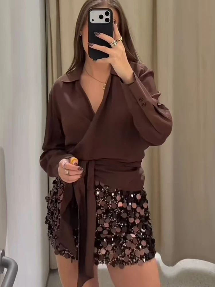 Women's Sequined Short Skirts Solid A-Line Mini Side Zipper High Waist Fashion Streetweae Female Chic Casual Skirts New