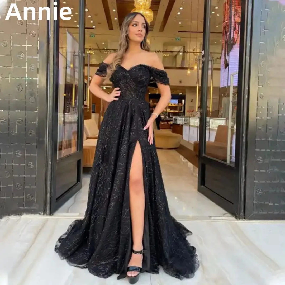 

Annie Black Prom Dresses Tulle Glitter Evening Dress فساتين السهرة Off-the-shoulder Slit Wedding Formal Occasions Party Dresses