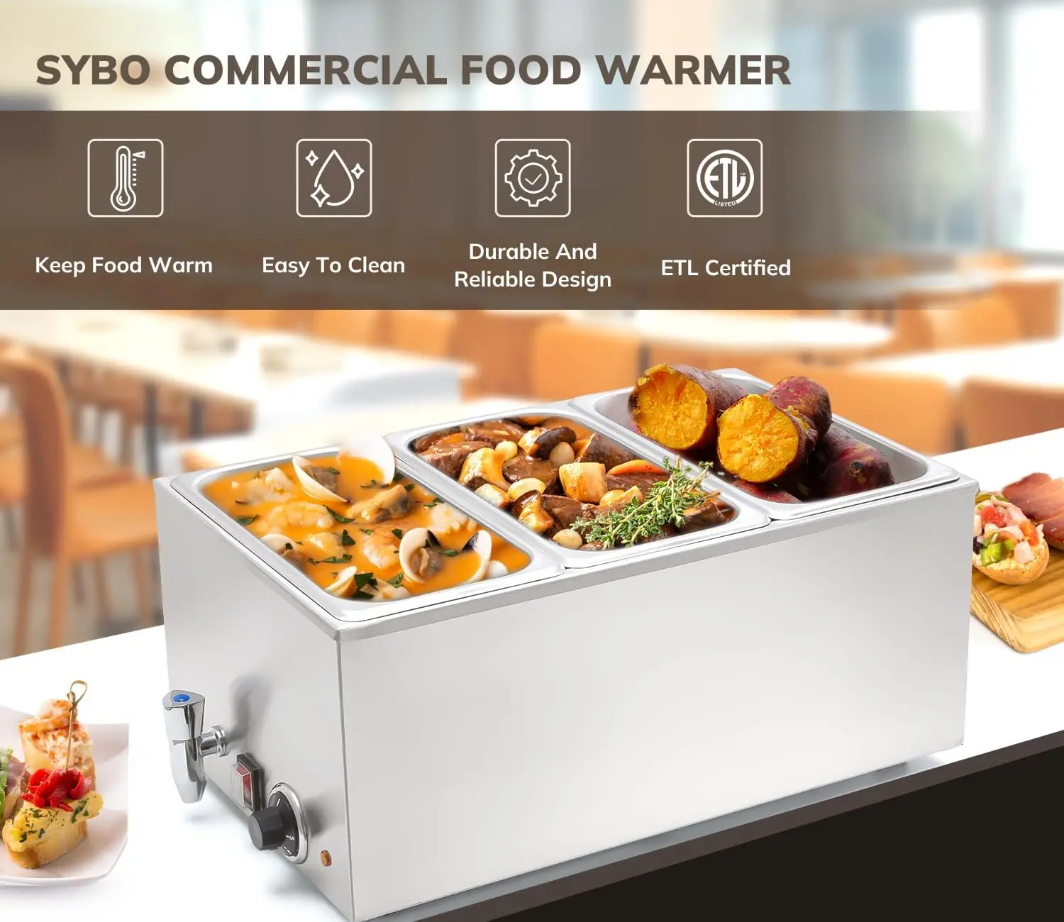 Commercial Grade Stainless Steel Bain Marie Buffet Food Warmer Steam Table for Catering and Restaurants, Good for Parties Buffet
