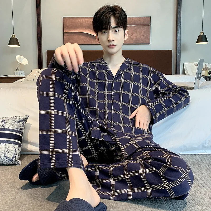 Spring Autumn Men's Pure Cotton Pajamas Long Sleeve Cardigan Pants Two Piece Set Loose Comfortable Casual Home Clothing