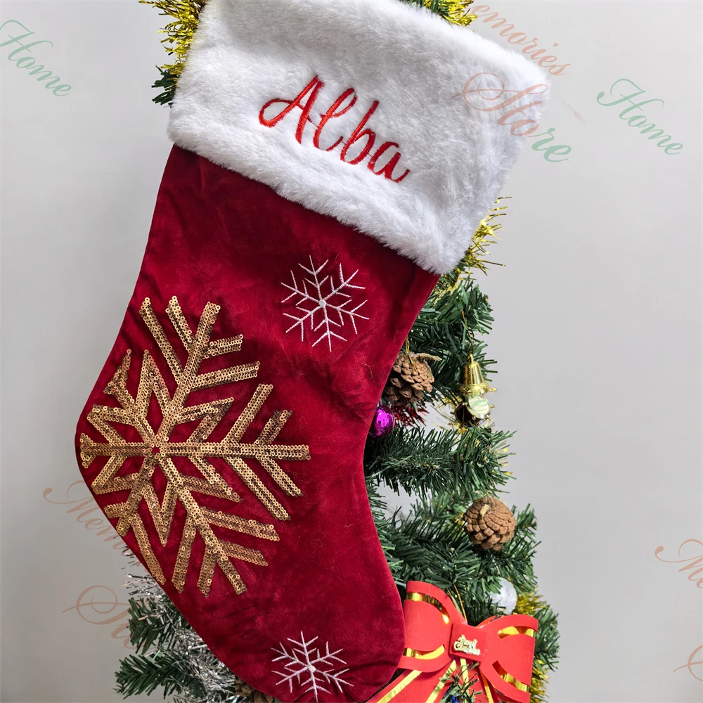 

Personalized Christmas Sock Kids Candy Gift Bag Custom Embroidered Name Merry Christmas Stocking Home Christmas Tree's Pendants