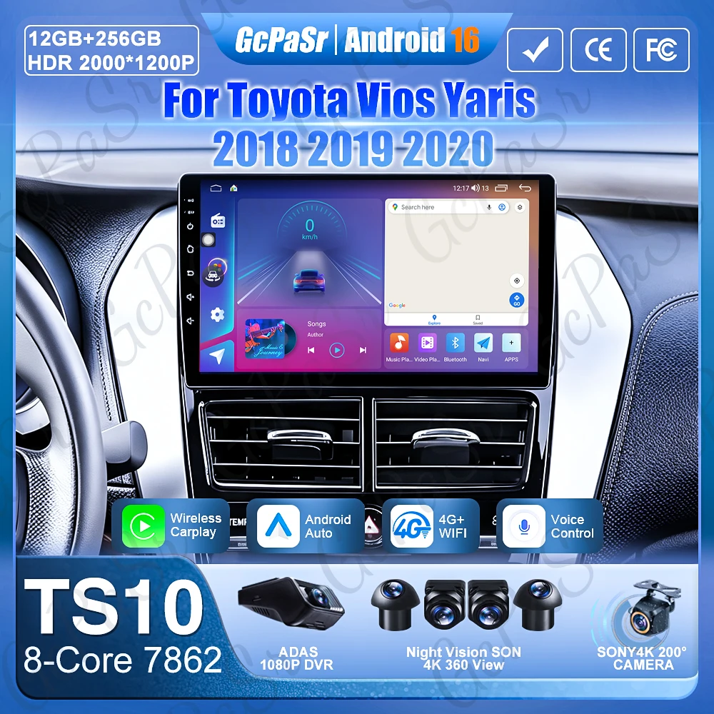 Android Auto per Toyota Vios Yaris 2018 2019 2020 Navigazione GPS 5G Wifi Autoradio Senza Schermo 2din Stereo Multimediale per Auto
