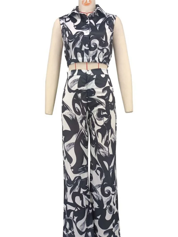 Wmstar Two Piece Sets Wholesale Print Wide Leg Pants Set Casual Summer Button Lapel Sleeveless Top and Casual Trousers New Style