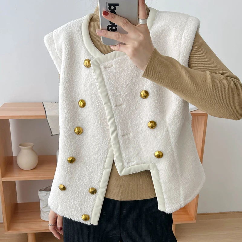 QOERLIN Imitation Lamb Waistcoat Women Winter Double-Breasted Sleeveless Stylish Irregular Loose Casual Tops Brown Jacket Coat