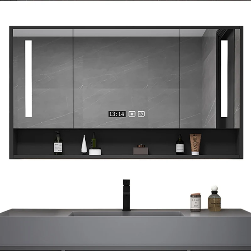 Solid wood smart bathroom mirror cabinet with lamp storage toilet defogging bathroom mirror wall-mounted type with rack