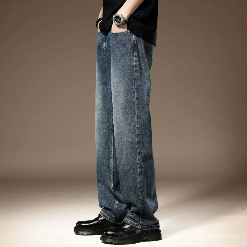 Spring Summer Men American Vintage Blue Straight Jeans Casual Loose Solid Washed Distressed Fashion Thin Wide Leg Denim Pants