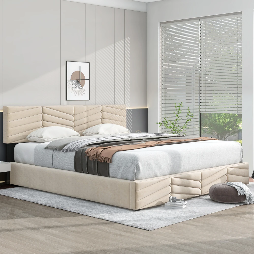 Gepolstertes Doppelbett, hydraulisches Funktionsbett, Samt, Streifenstil, kontinentales Bett, höhenverstellbares Kopfteil, 140 x 200 cm – Detail 11