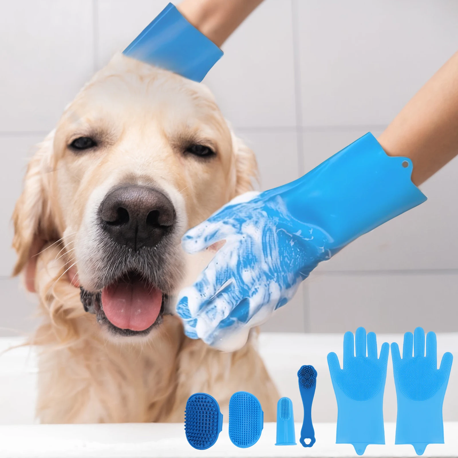 6PCS Pet Grooming Kit Silicone Dog Washing Gloves Bath Brush Dog Toothbrush Finger for Pet Bathing Massaging & Grooming