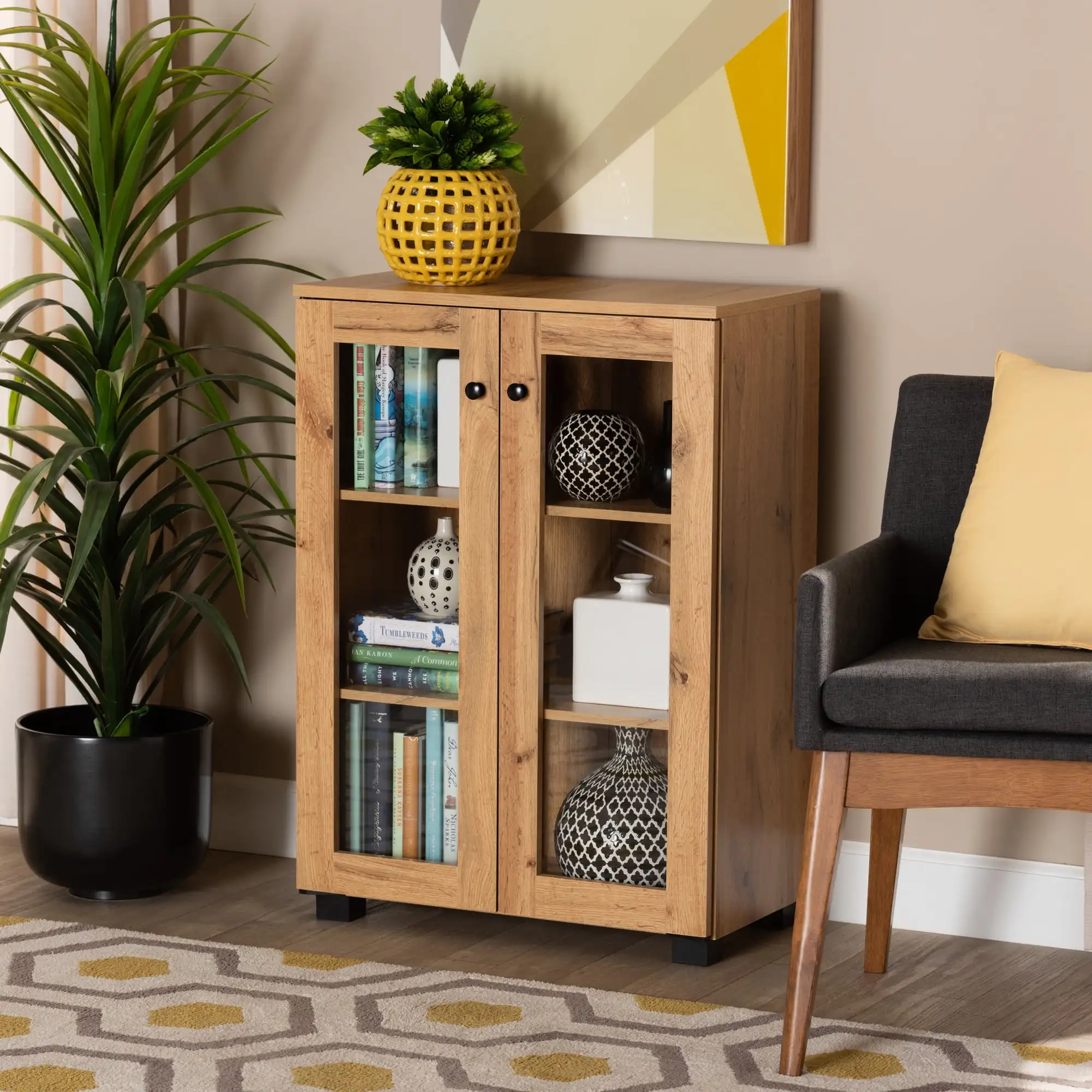 

Baxton Studio Mason Modern and Contemporary Oak Brown Finished Wood 2-Door Storage Cabinet with Glass Doors