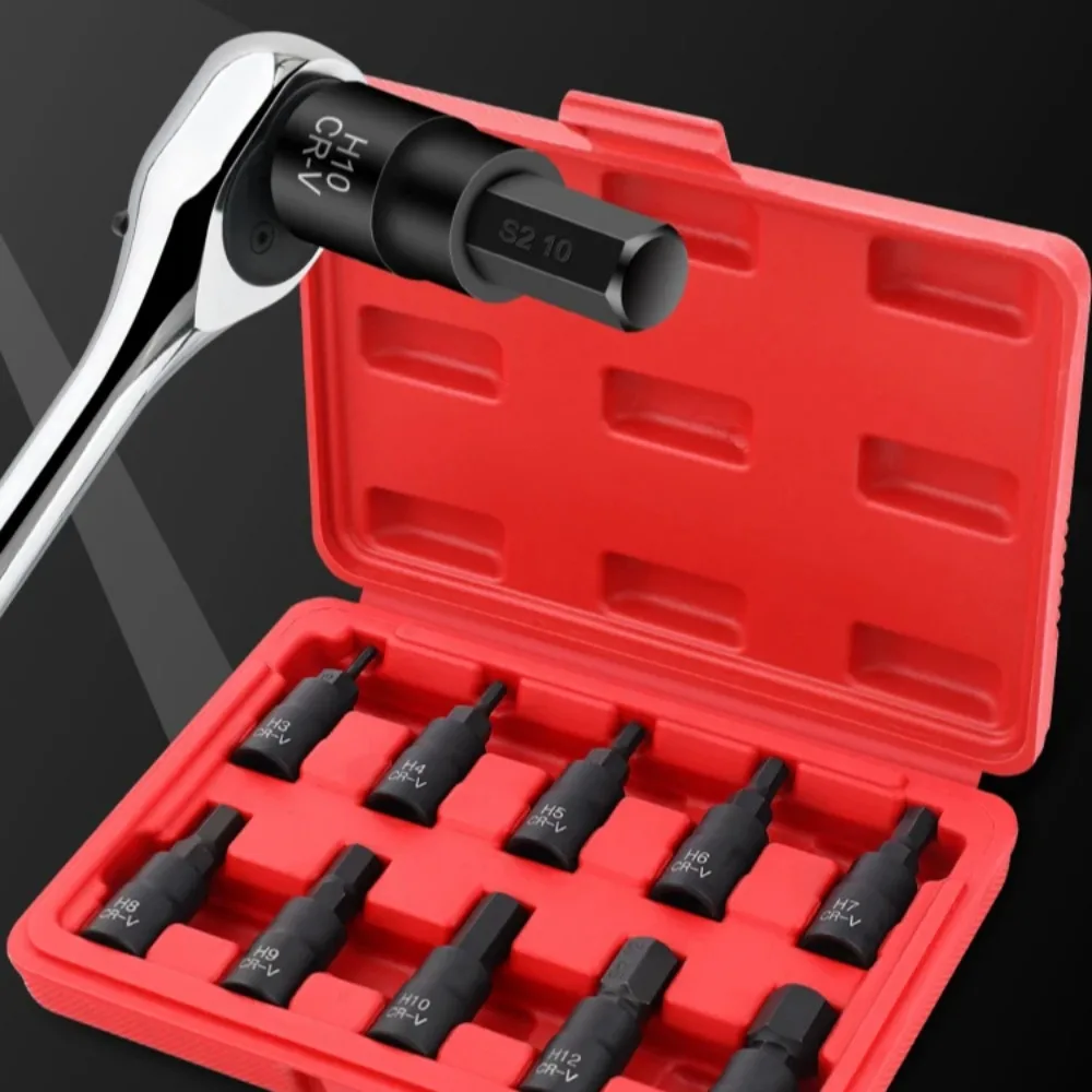 10pcs 3/8'' Chrome Vanadium Alloy Steel Hexagonal Socket Set Auto Professional Repair Socket Tool with Red Case freeshipping