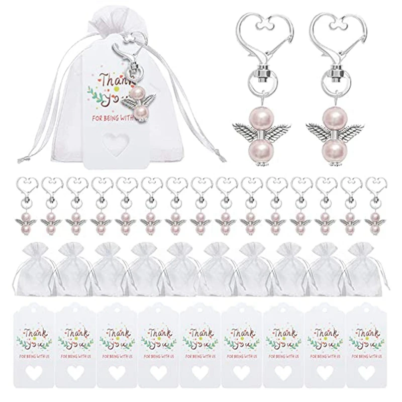 

40 Sets Pearl Angel With Heart-Shape Keychain Wedding Favor Set,Include Angel Pearl Keychains,Organza Gift Bags A