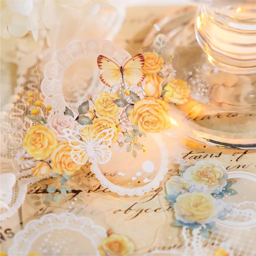 Flower Stickers Lace Border Sticker PET Decorative Stickers Diary Scrapbooking Material Deco Album Stationery Sticker 15pcs Stickers Scrapbooking Supplies