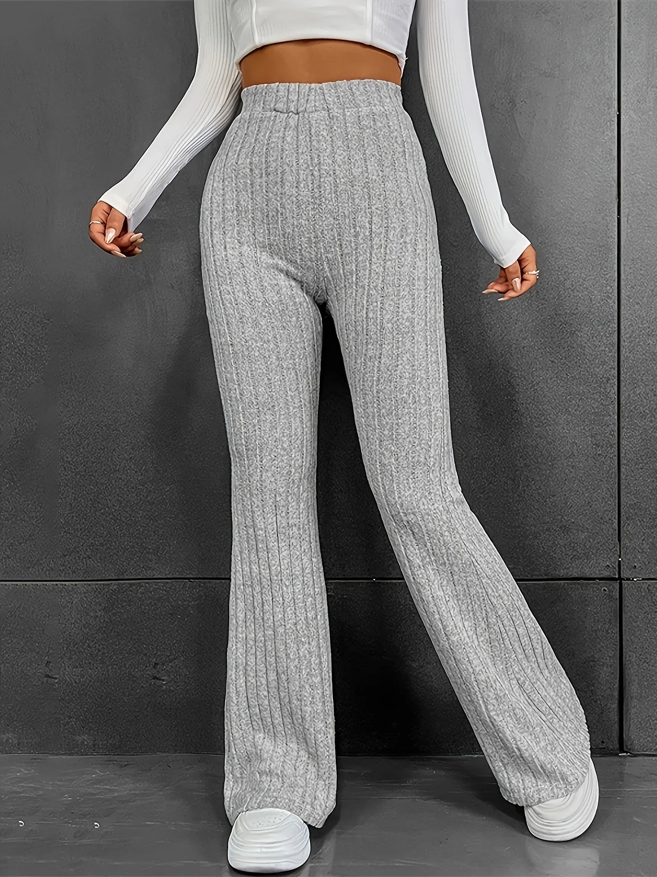 Women Flare Stretch Moustache Skinny Bell High Gray Classic Punk Long Trouser