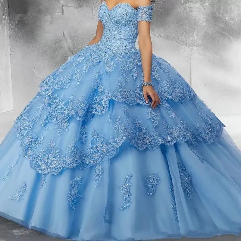 

Sky Blue Quinceanera Dresses Ball Gown Sweetheart Tulle Appliques Beaded Puffy Sweet 16 Dresses