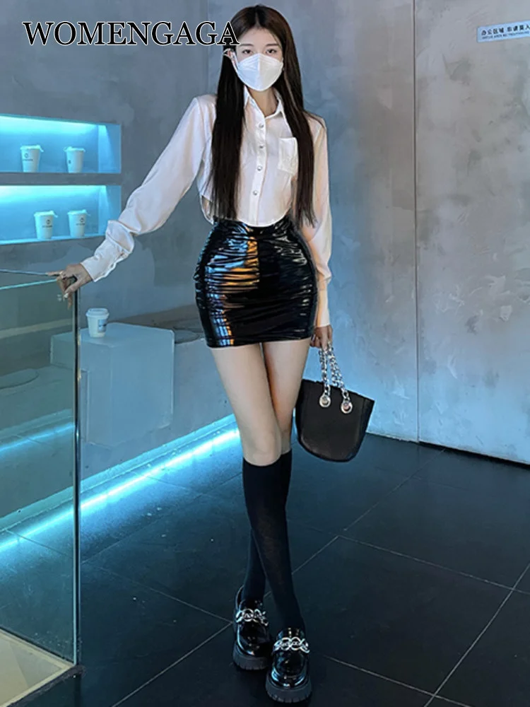 

Hot WOMENGAGA Slim Sexy Korena Women Mini Skirt Pu Leather OL Elegant Fashion 2022 Women Skirts Pleated Sweet Babes OM3P