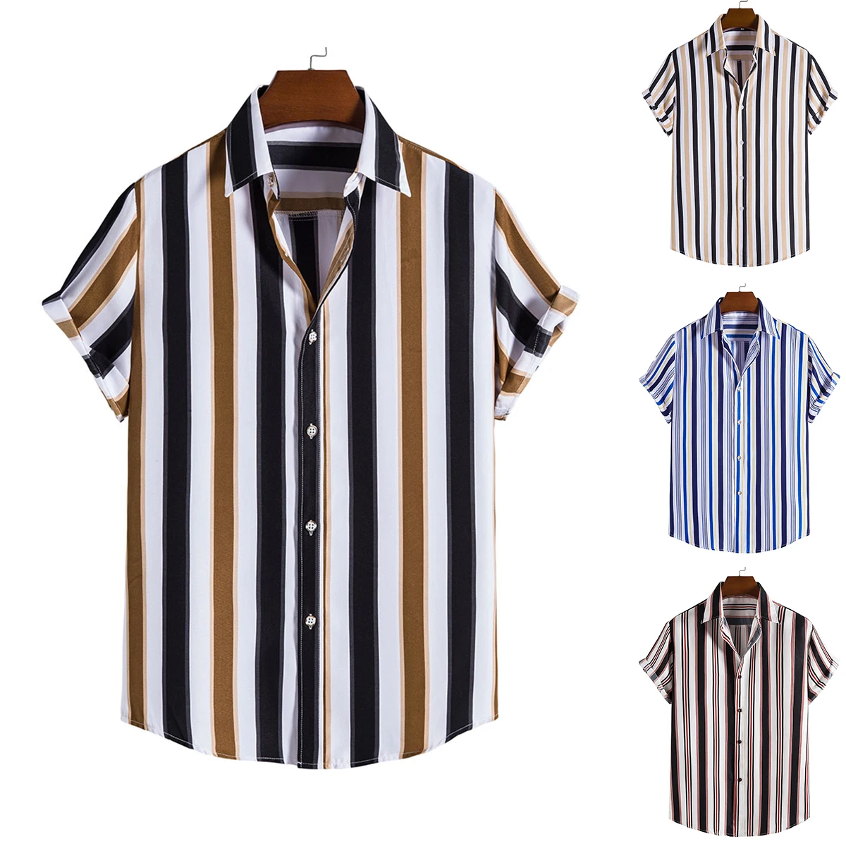 2022 Summer Fashion Mens Hawaiian Shirts Short Sleeve Button Stripe Print  Loose Casual Beach Vacation Aloha Shirt EUR Size 2XL