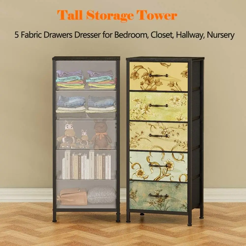 Vertical Dresser for Bedroom, Tall Skinny Storage Tower with 5 Fabric Drawers, Chest of Drawers for Living Room, Dorm, Entryway, - Image 3