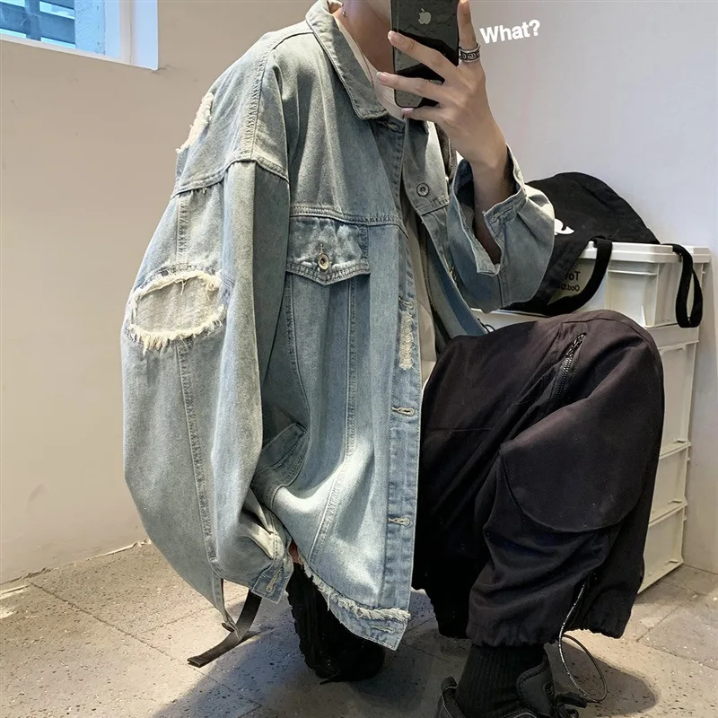Denim Jackets Men Hole Raw Edge Streetwear Autumn All-match Long Sleeve Korean Commuting Style Youthful Teenagers Outwear Daily 4