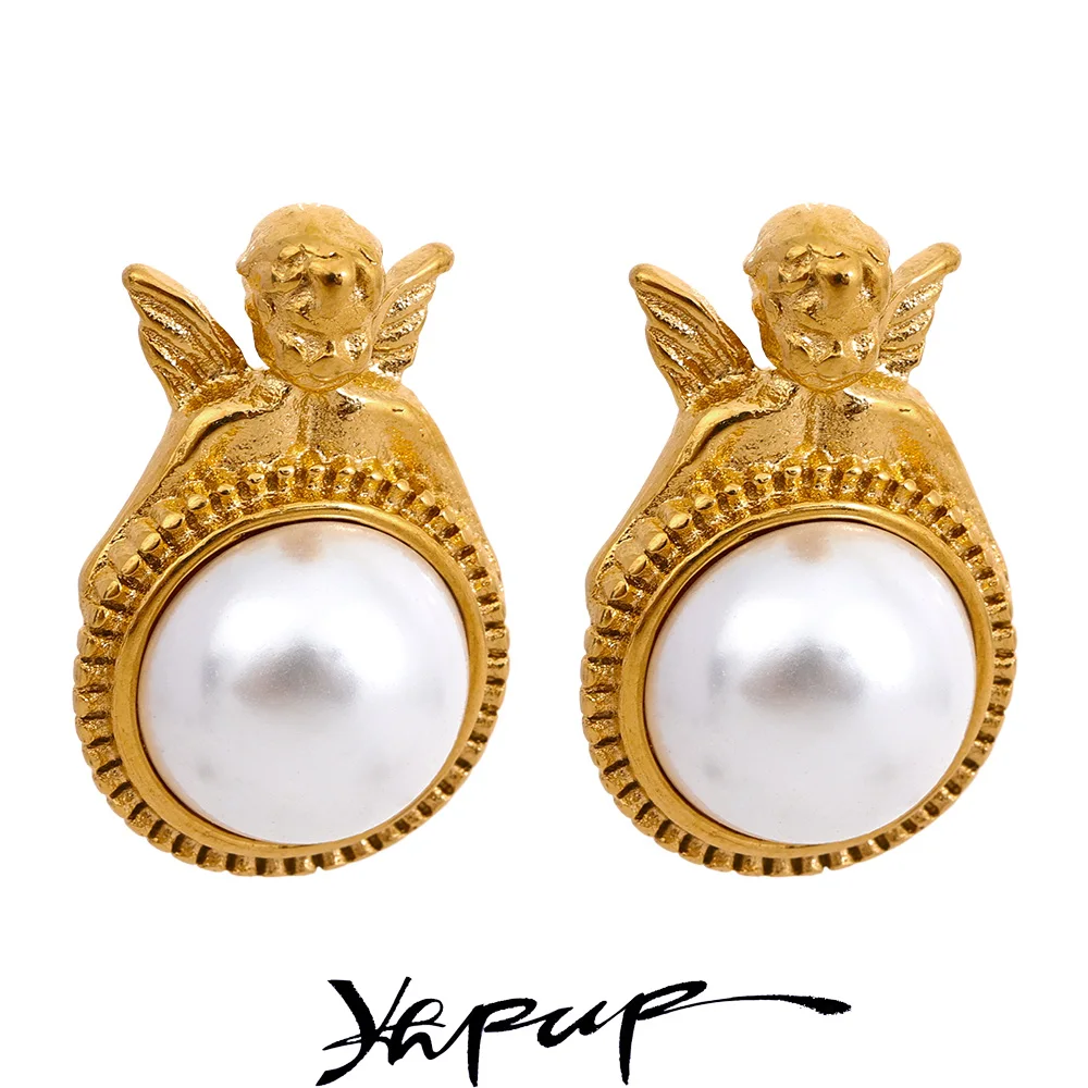 YhpupVintageImitationPearlsRoundStainlessSteelAngelStud