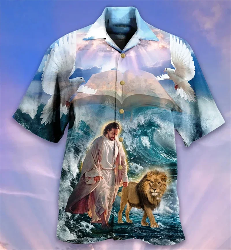 Newest Men's Shirts 3D Jesus Print Clothes Fashion Button Short Sleeve Lapel Streetwear Shirt For Men Hawaiian Blouse Tshirt