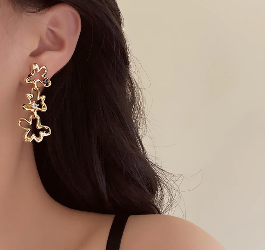 S925 silver needle vintage zircon gold flower gold plated alloy Earrings for women Fashion Jewelry