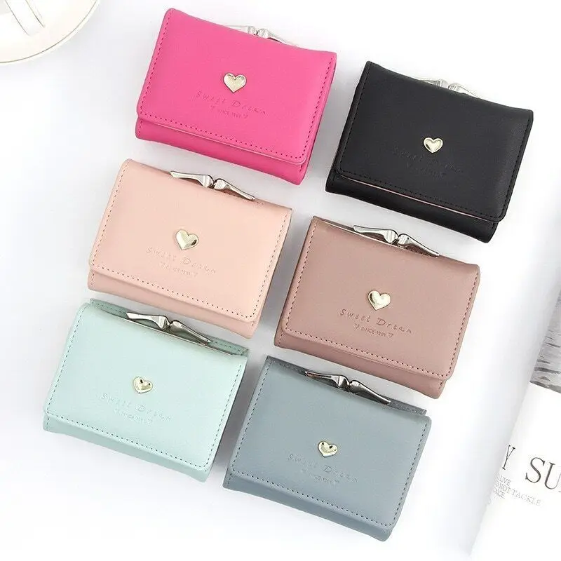 

Candy Color Women Coin Purse Leather Short Wallet Heart Hasp Girls Card Holder Cartoon Cute Zero Wallet Girl's Small Wallet