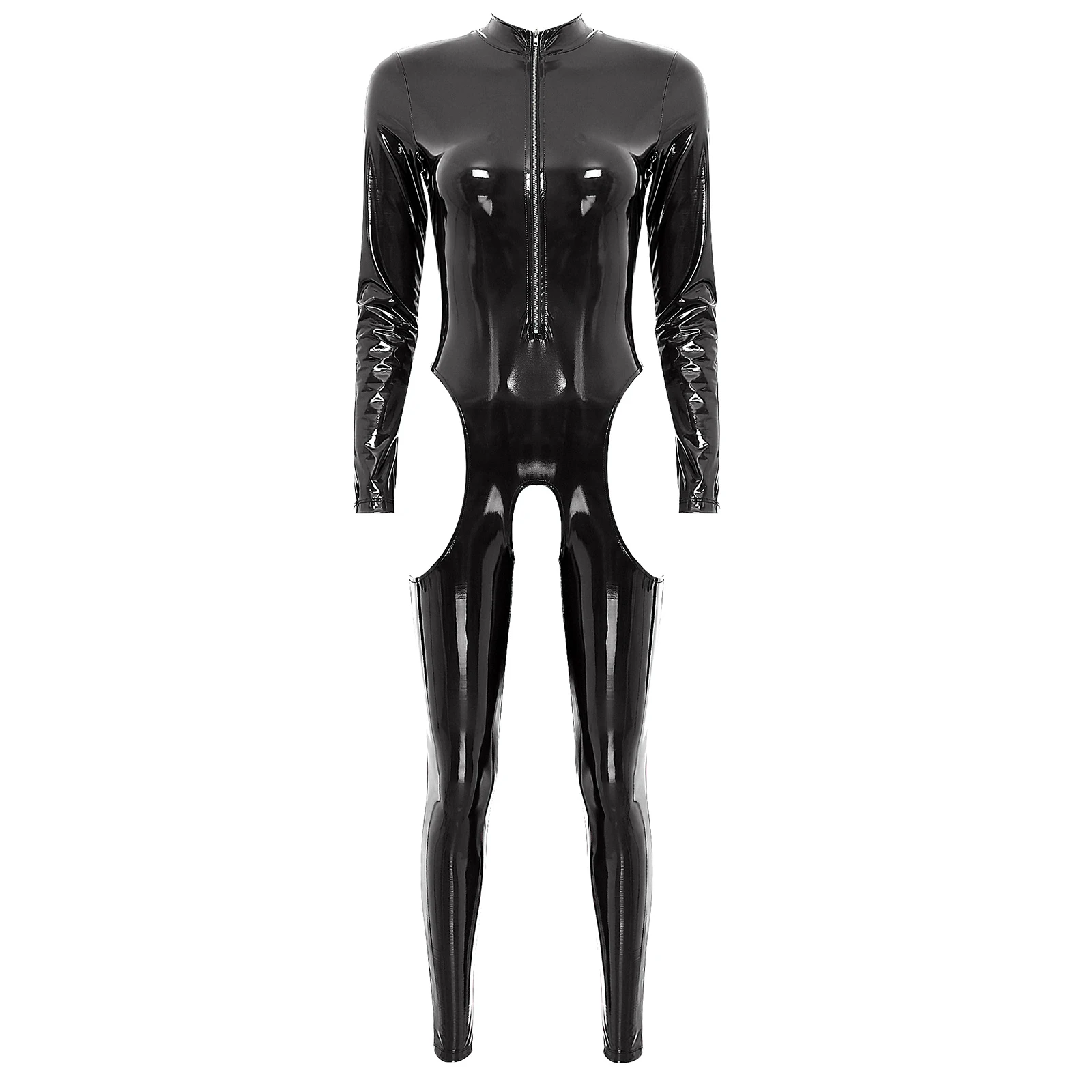 Womens Lingerie Cutout Crotch Patent Leather Jumpsuit Zipper Stand Collar Crotchless Catsuit Wet Look Long Sleeve Latex Bodysuit