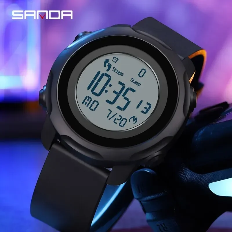 SANDA 6121 LED Countdown Digital Mens Wristwatches Sports Pedometer Calories Waterproof Watch for Men Military Reloj Hombre