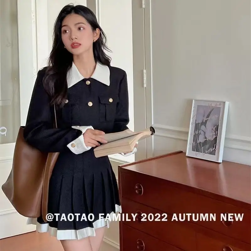 Korean Chic Two-piece Skirt Sets Patchwork Long Sleeves Cropped Top High Waist Pleated Mini Skirt Autumn Winter Y2K New Outfits