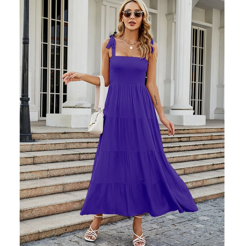 

Summer Dress Women's Sexy Holiday Floral Print Loose Backless Dress Women's Spaghetti Strap Bandage Pleated Stitching Dress
