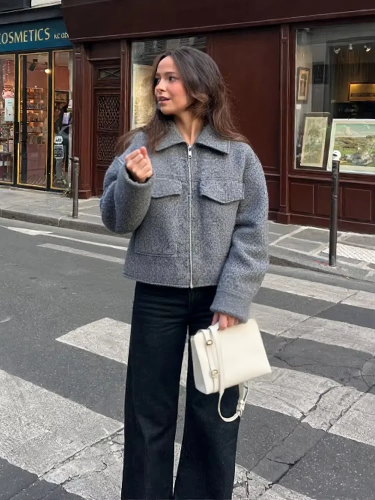 HH Women Casual Coat With Pockets Grey Front Zipper Jackets Vintage Lapel Neck Long Sleeve Female Chic Maternity Outfits