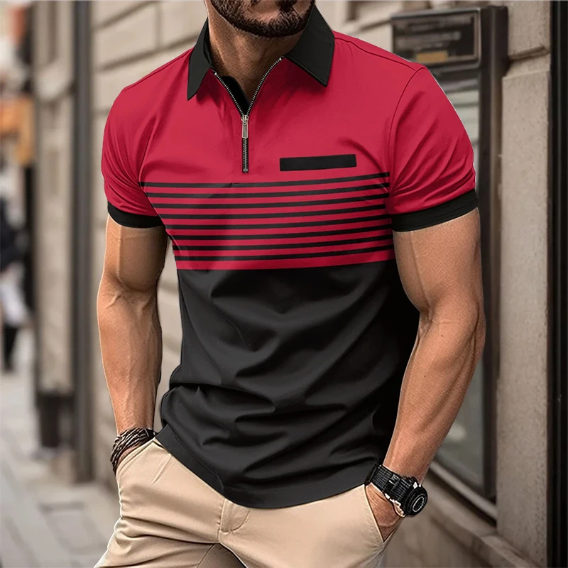 

2024 Men's fashion lapel zip short-sleeved striped POLO shirt casual T-shirt