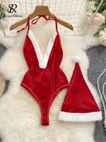 SINGREINY noël Cosplay vêtements de nuit combishort profond V ouvert entrejambe gaine body femmes Sexy tentation velours dos nu barboteuses 1