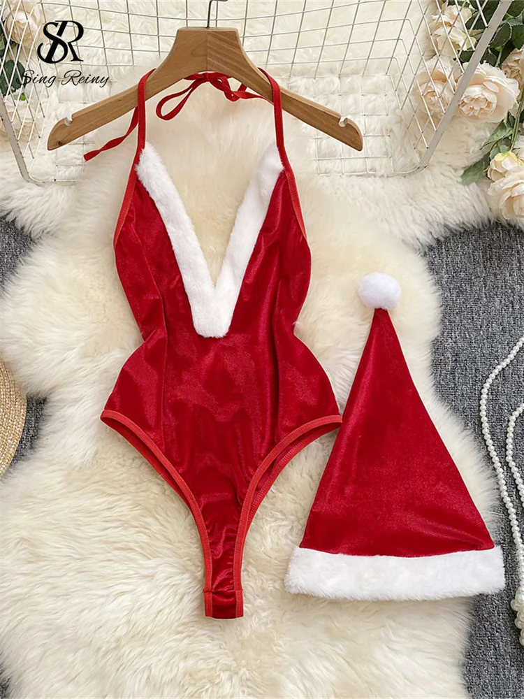 SINGREINY Christmas Cosplay Nightwear Playsuit Deep V Open Crotch Sheath Bodysuits Women Sexy Temptation Velvet Backless Rompers