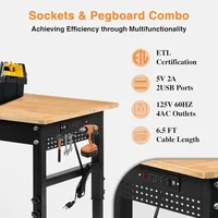 70" Adjustable Height Workbench, 2000 LBS Heavy Duty Work Table with Power Outlets & Pegboard, Rubber Wood Workstation for 2