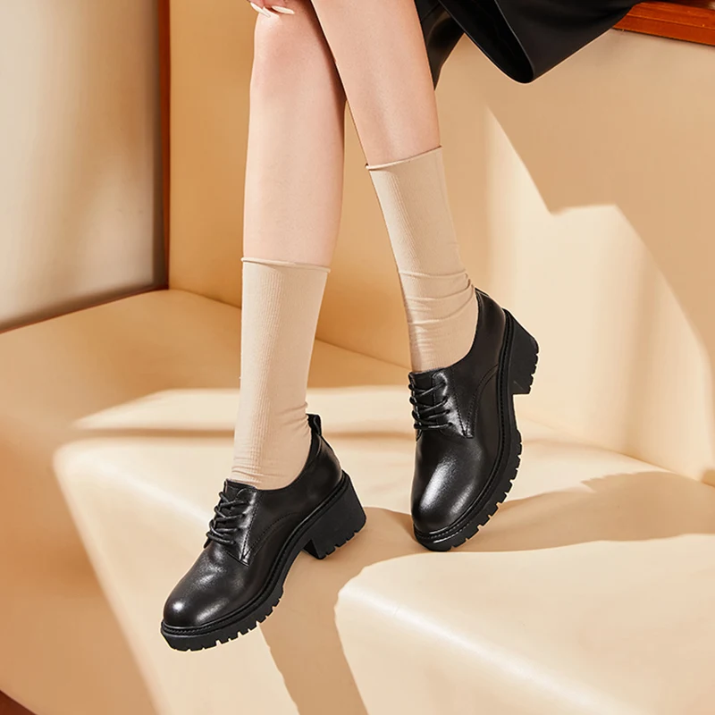 GOLDEN CAMEL Women's Shoes Luxury Brand Leather Shoes Thick-heeled Thick-soled Loafers Designer Single Shoes for Women Pumps 3