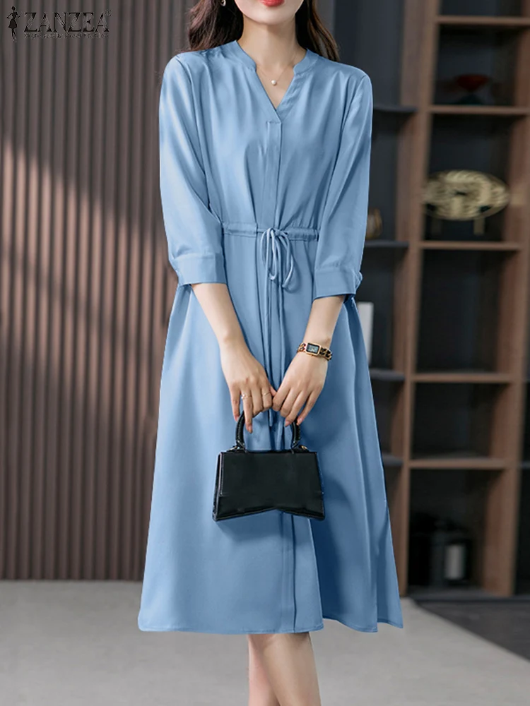 

ZANZEA Women Autumn Dress Office Vestidos V-Neck Long Sleeve Sundress Elegant Party Dresses Causal Midi Robe Femme Work Dress