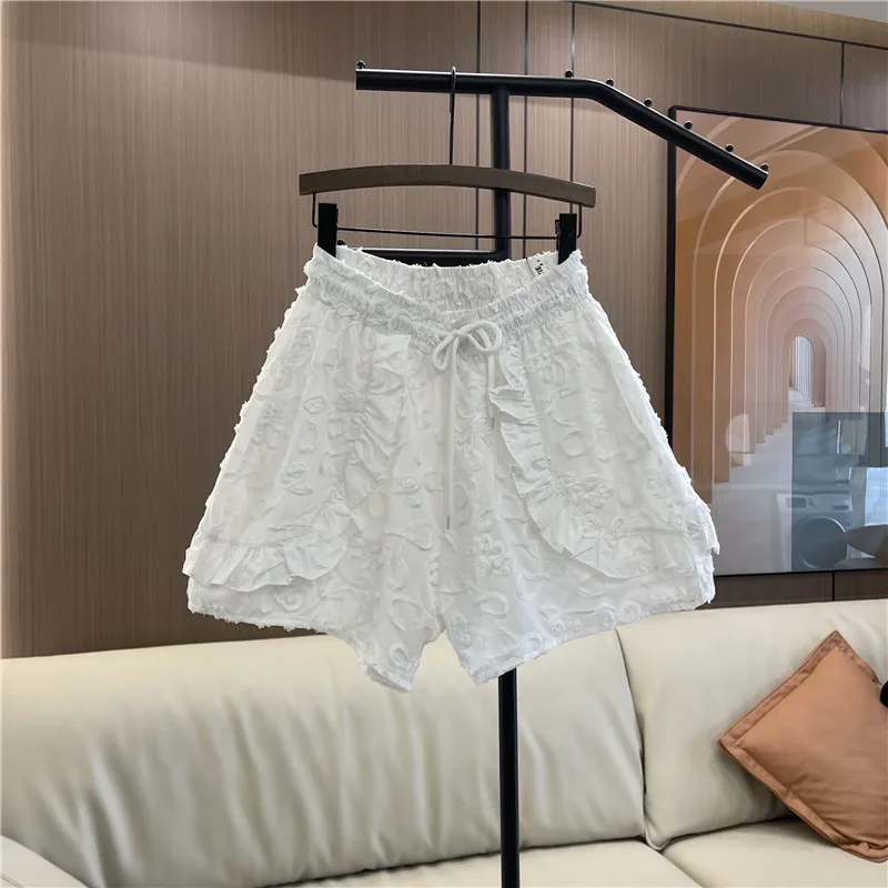 Sweet Lace Shorts Women's 2024 Summer New Elastic Waist Loose Oversize Thin A-line Wide Leg Casual Shorts Pants Harajuku Clothes