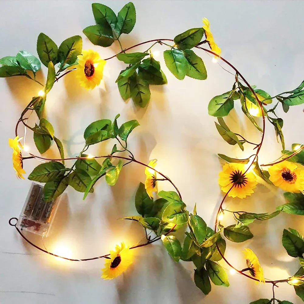 배터리 작동 해바라기 요정 조명, 홈 장식 LED 스트링 조명, 인공 꽃 크리스마스 화환 램프, 2M 20LED