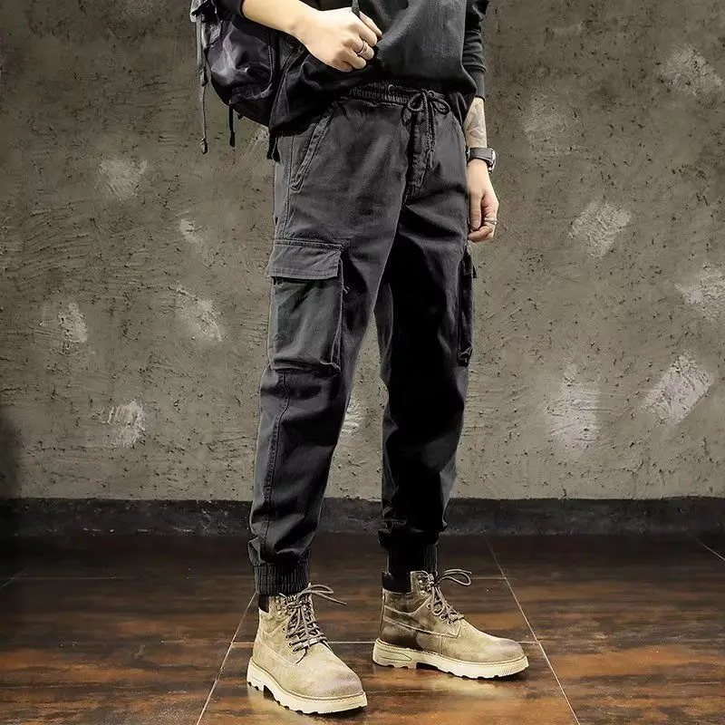

2023 Spring New Men's Clothing Solid Color Casual Fashion Korean Version All-match Spliced Pocket Elastic Waist Cargo Pants