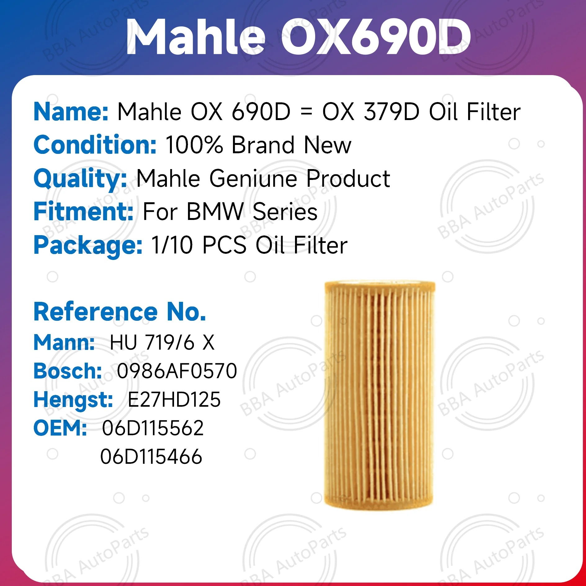 Mahle OX690D OX379D Oil Filter for Audi A3 A4 A6L RS3 TT RS Compatible with OE Part Numbers 06D115562 06D115466