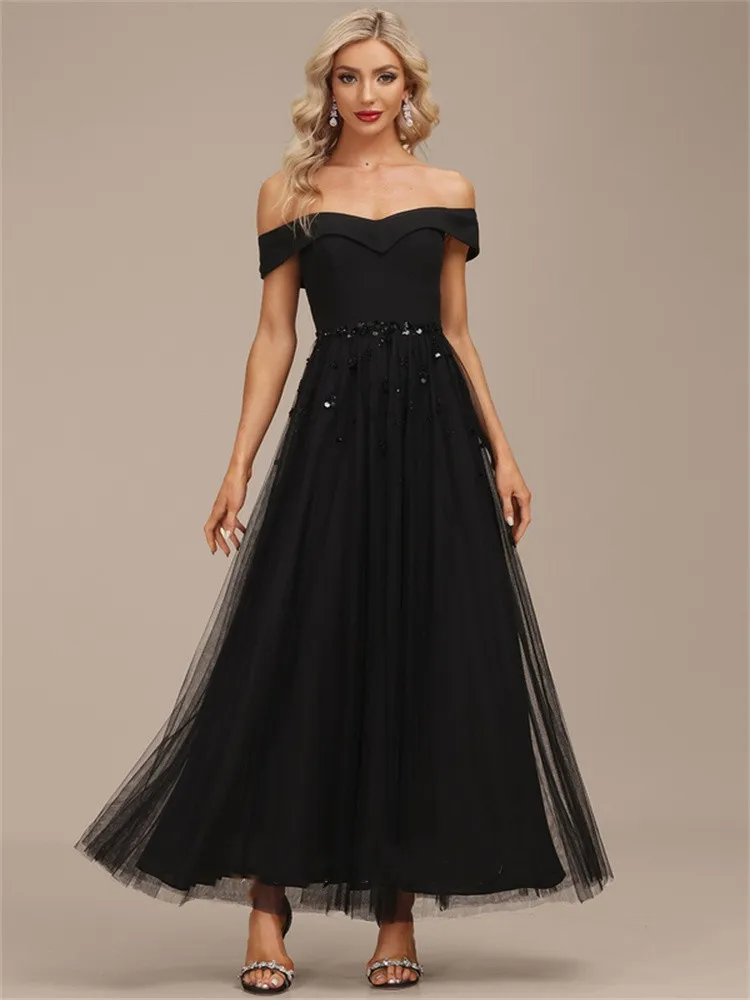 

A-Line Off-the-Shoulder Ankle-Length Chiffon Tulle Evening Dress With Beading Organza Dresses For Women Party Wedding Evening
