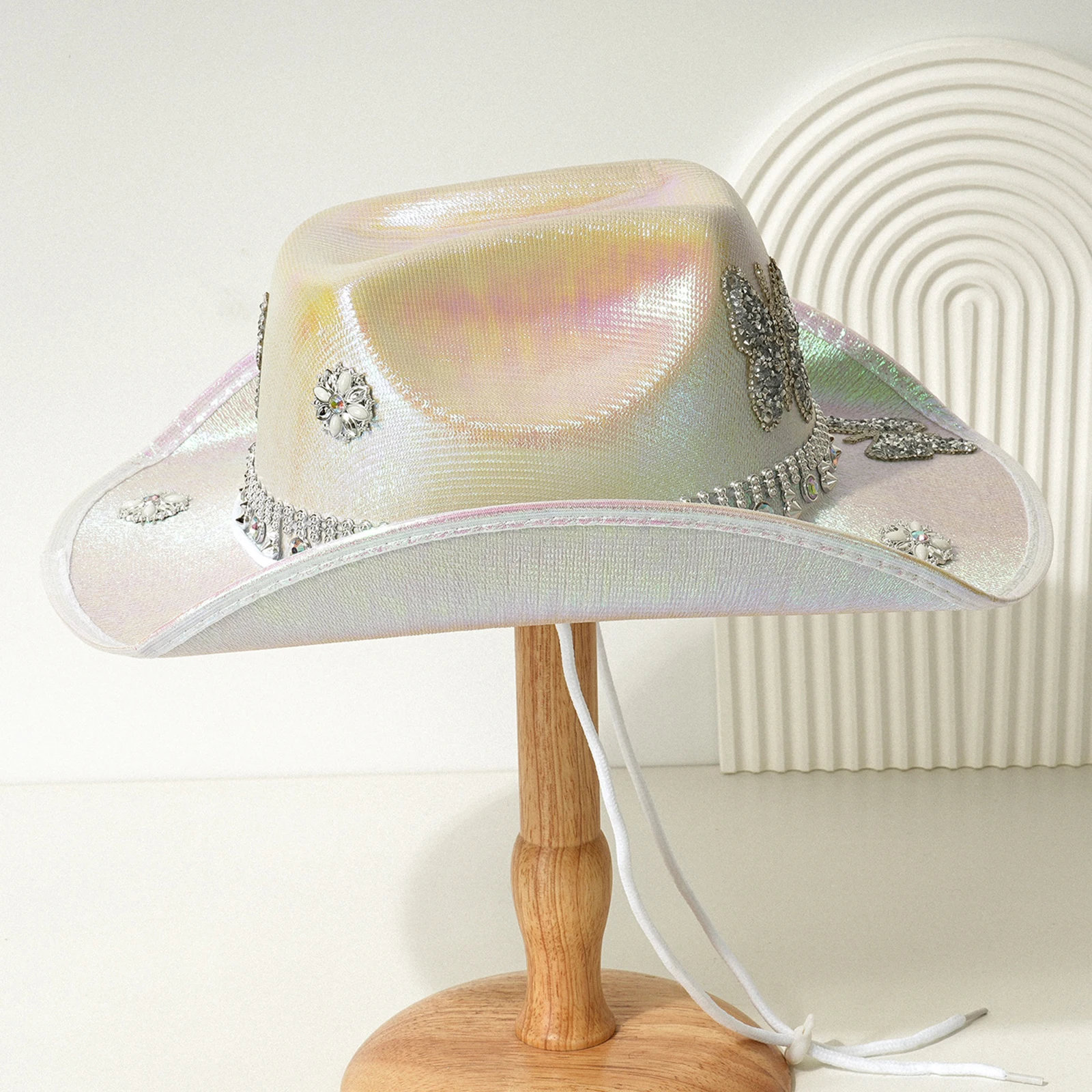 Rhinestone Butterfly Cowgirl Hat for Women Wide Brim Diamond Glitter Western Hat Cap for Wedding Music Costume Party