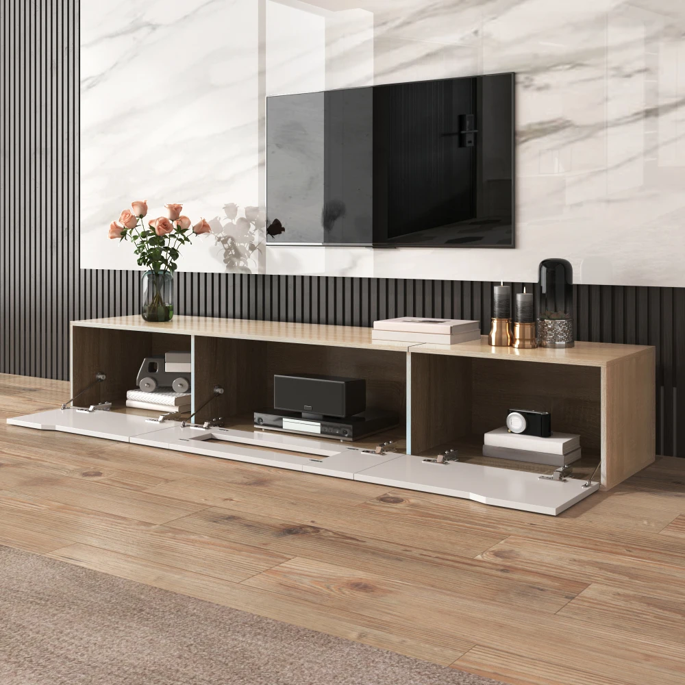 PINGGO Hochglanz-TV-Schrank Farblich Abgestimmte LED-Beleuchtung Weiß Holzton Heimunterhaltungs-Aufbewahrungseinheit – Detail 15